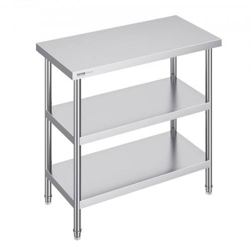 VEVOR Lebensmittel-Zubereitungstisch aus Edelstahl, 457 x 914 x 864 mm gewerblicher Küchenarbeitstisch, mit 2 verstellbaren Unterregalen, robuster