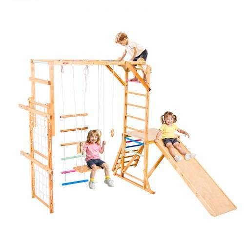 VEVOR Indoor Spielplatz Klettergerüst (8 in 1) aus Holz, 100 kg belastbares Montessori-Kletterspielzeug-Set mit Schaukeln/Klettergerüst/Rutschen/Hol