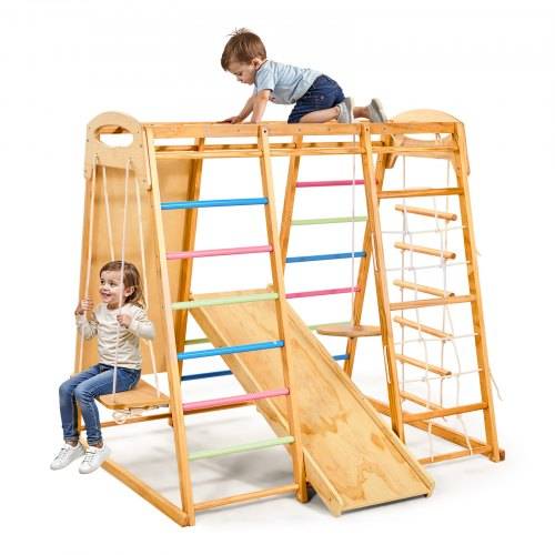 VEVOR Indoor Spielplatz Klettergerüst (9 in 1) aus Holz, 113 kg belastbares Montessori-Kletterspielzeug-Set mit Schaukeln/Klettergerüst/Rutsche/Holz