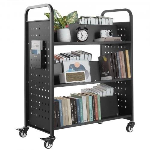 VEVOR Bücherwagen, 159 kg Tragkraft, Bibliothekswagen, 970x515x1225 mm, doppelseitiges W-förmiges Bücherregal mit Doppelbremsrollen, Abräumwagen