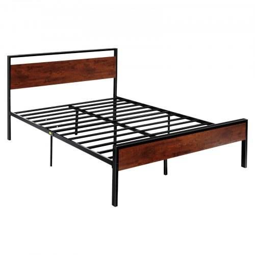 VEVOR Bettrahmen (Queen Size), Plattformbettrahmen aus Metall mit Kopf- und Fu_teil aus braunem Holz im Retro-Stil, gro_er Stauraum unter dem Bett