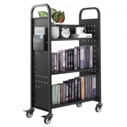 VEVOR Bücherwagen, 150 kg Tragkraft, Bibliothekswagen, 77 x 38 x 122 cm, einseitiges L-förmiges Bücherregal mit Doppelbremsrollen, Bücherregalwage