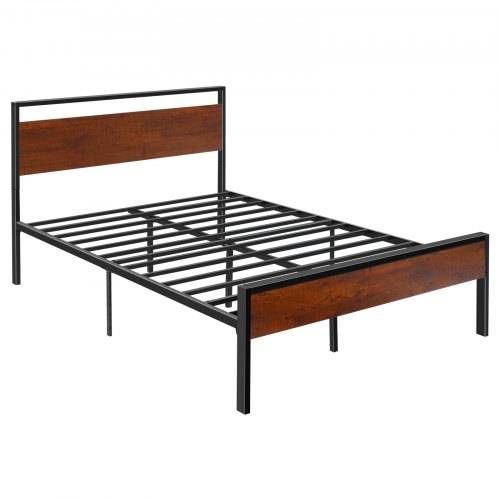 VEVOR Bettrahmen in voller Grö_e, Metall-Plattformbettrahmen mit Kopf- und Fu_teil aus braunem Holz im Retro-Stil, gro_er Stauraum unter dem Bett