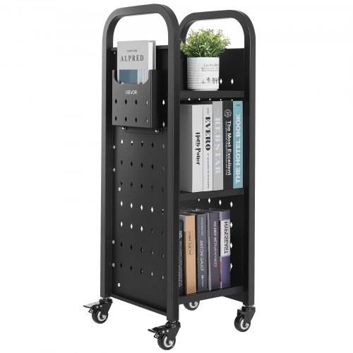 VEVOR Bücherwagen, 100 kg Tragkraft, Bibliothekswagen, 32 x 35 x 93,5 cm, einseitiges L-förmiges Bücherregal mit Doppelbremsrollen, Bücherregalwag