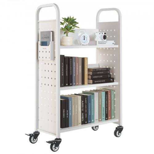 VEVOR Bücherwagen, 150 kg Tragkraft, Bibliothekswagen, 77 x 38 x 122 cm, einseitiges L-förmiges Bücherregal mit Doppelbremsrollen, Bücherregalwage