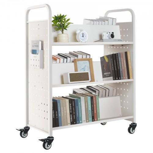 VEVOR Bücherwagen, 150kg Tragkraft, Bibliothekswagen, 97x51,5x122,5cm, Doppelseitiges W-förmiges Bücherregal mit Doppelbremsrollen, Bücherregalwag