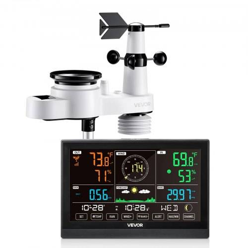 VEVOR 5-in-1-Wetterstation, 7,5-Zoll-Display, solarbetriebener Au_ensensor, Regenmesser, für Wettervorhersage, Temperatur, Luftfeuchtigkeitsmesser