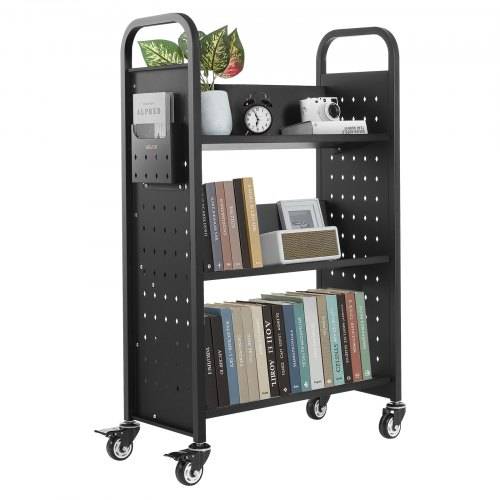 VEVOR Bücherwagen, 150 kg Tragkraft, Bibliothekswagen, 77 x 38 x 122 cm, einseitiges V-förmiges Bücherregal mit Doppelbremsrollen, Bücherregalwage