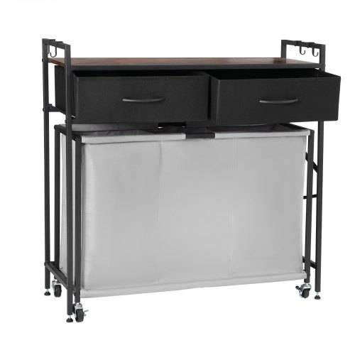 VEVOR Wäschekorb Wäschesammler mit 3 Fächern & Holztischplatte, Wäschesortierer auf Rollen mit 2 Schublade & Haken, Wäschetrenner Wäsche-Sortier