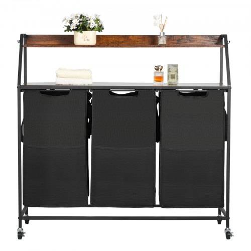 VEVOR Wäschekorb Wäschesortierer mit 3 Fächern (600D Oxfordstoff) & Holztischplatte, Wäschesammler auf Rollen mit Leiterregalen, Wäschetrenner W