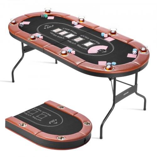 VEVOR klappbarer Pokertisch für 8 Spieler (183 cm) Kasino-Freizeittisch mit gepolsterten Schienen & Getränkehaltern, ovale tragbare Spieltische mit