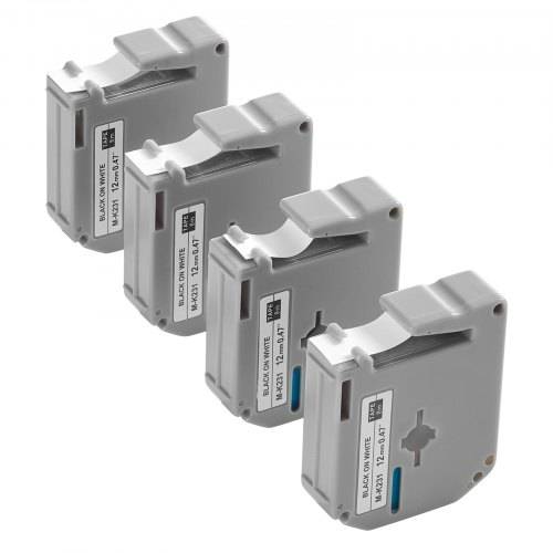 VEVOR Schriftband, 4er-Pack, 12 mm Bandbreite, Schwarz auf Wei_, kompatibel mit verschiedenen Brother-Etikettiergeräten, PT-M95, PT-90, PT-70BM