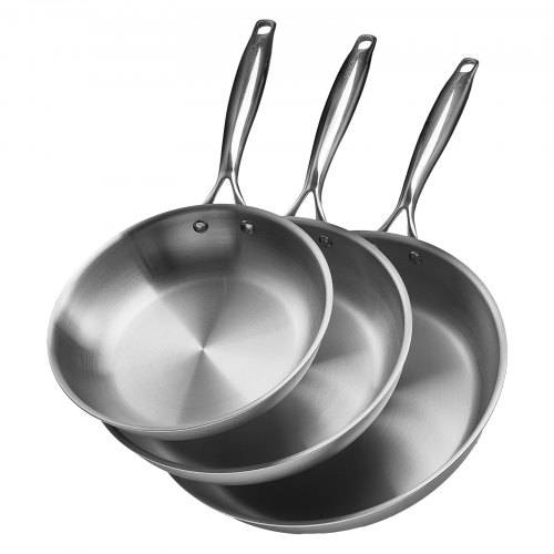 VEVOR Bratpfannen Set 3-tlg. (24 / 28 / 32 cm), Hochleistungs-Bratpfannen aus Edelstahl mit hitzebeständigem Griff, Kochpfanne Küchenkochgeschirr ge