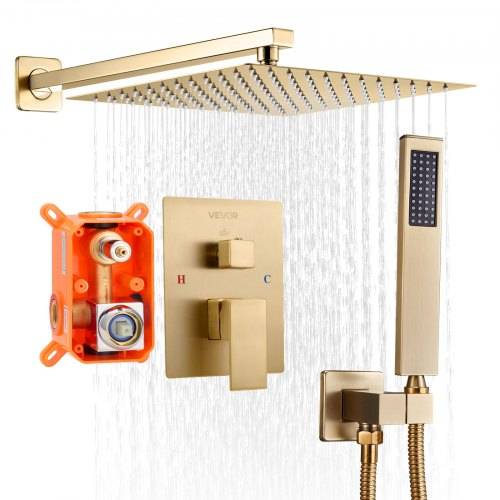 VEVOR Duscharmatur Regenduschsystem fürs Badezimmer Duschsystem mit 254 mm quadratischen Regenduschkopf & Handbrause, wandmontierte
