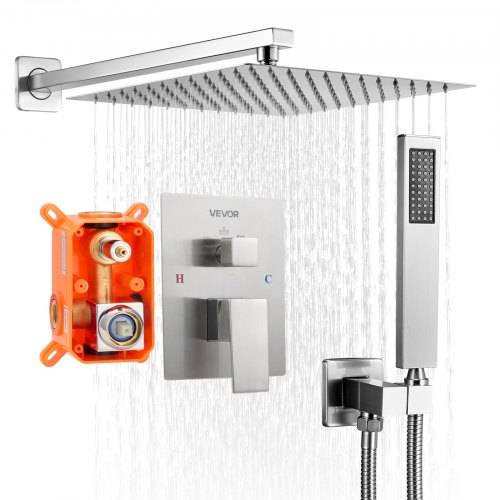 VEVOR Duscharmatur Regenduschsystem fürs Badezimmer Duschsystem mit 254 mm quadratischen Regenduschkopf & Handbrause, wandmontierte