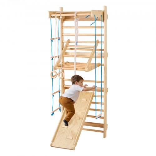 VEVOR schwedisches Leiterwand, 8 in 1 15-stufiges Indoor-Klettergerüst, 100 kg belastbares Wand-Stangen-Kletterspielset mit Wandleiter Rutschbrett