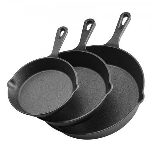 VEVOR Gusseisenpfanne Bratpfannen-Set (160 / 220 / 265 mm), Hochleistungs-Bratpfannen mit hitzebeständigem Griff, Kochpfanne, Küchenkochgeschirr, ge