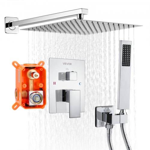 VEVOR Duscharmatur Regenduschsystem fürs Badezimmer Duschsystem mit 305 mm quadratischen Regenduschkopf & Handbrause, wandmontierte