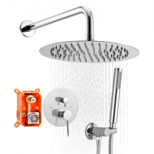 VEVOR Duscharmatur Regenduschsystem fürs Badezimmer Duschsystem mit 254 mm runden Regenduschkopf & Handbrause, wandmontierte Badezimmerarmaturen mit