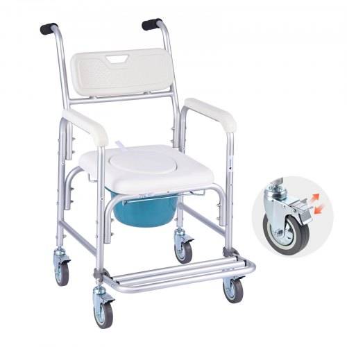VEVOR Nachttoilettenstuhl 159 kg belastbar, rollbare Toilettensitzerhöhung mit gepolsterter Sitzfläche/Rückenlehne/hochklappbarer Fu_stütze, abneh