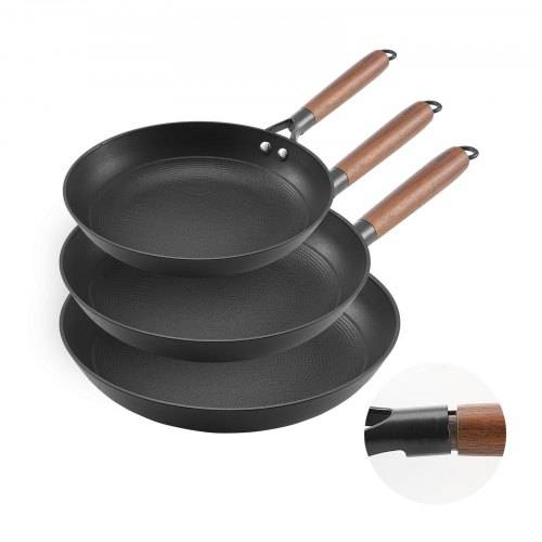 VEVOR Gusseisenpfanne Bratpfannen-Set (205 / 265 / 310 mm), Hochleistungs-Bratpfannen mit abnehmbarem Holzgriff, Kochpfanne, Küchenkochgeschirr