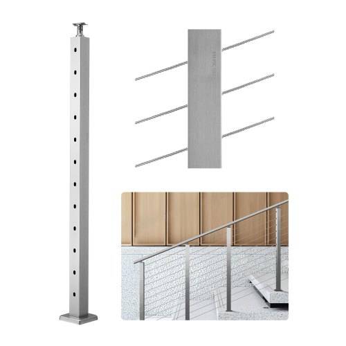 VEVOR Kabelgeländerpfosten, 107x5x5 cm Geländerpfosten, mit 30° vorgebohrten Löchern, Edelstahl mit horizontaler und gebogener Halterung, 1 Stück