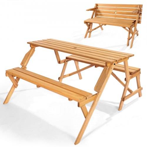 VEVOR 2 in 1 umwandelbarer & austauschbarer Picknicktisch, Outdoor-Tisch- und Bank-Set aus Holz, tragbare, faltbare Bank mit Loch für Schirm, Essmöb