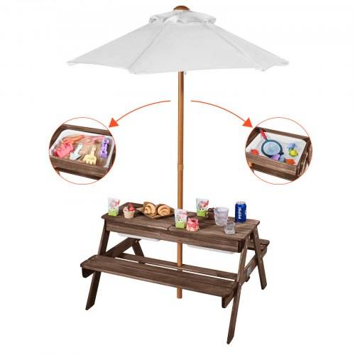 VEVOR Picknicktisch mit abnehmbarem Sonnenschirm & 2 Bänken, Sitzgruppe Strandtisch Outdoor Gartenmöbel aus Holz Terrassen-Essmöbel für 4 Personen