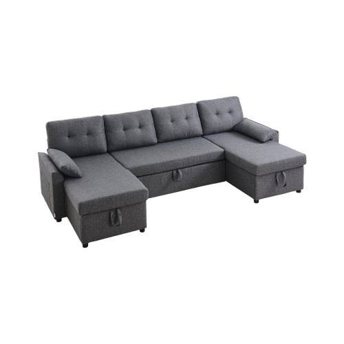 VEVOR U-förmiges Schlafsofa, umwandelbares Bettsofa mit 2 Seitentaschen & 2 Kissen & Doppel-Chaiselongue, Ausziehschlafcouch für 6-Sitzer mit viel