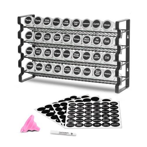 VEVOR 4-stöckiges Gewürzregal Gewürzhalter mit 36 leeren Gewürzgläser & Gestell & Gewürzetiketten & Trichter-Komplettset, Gewürz-Organizer für