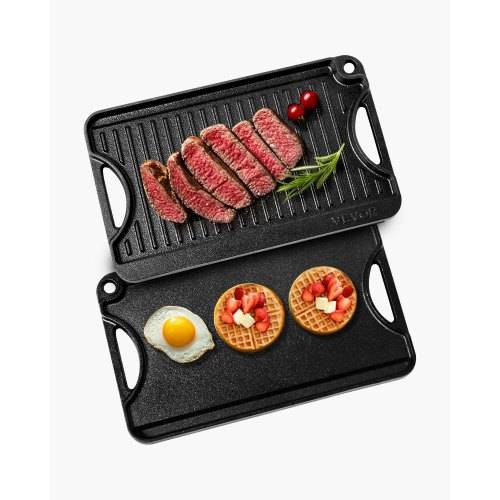 VEVOR wendbarer Grillplatte Bratpfanne Griddle aus Gusseisen (185 x 342 mm), tragbare rechteckige BBQ Pfanne mit Griff, Familienkochgeschirr für