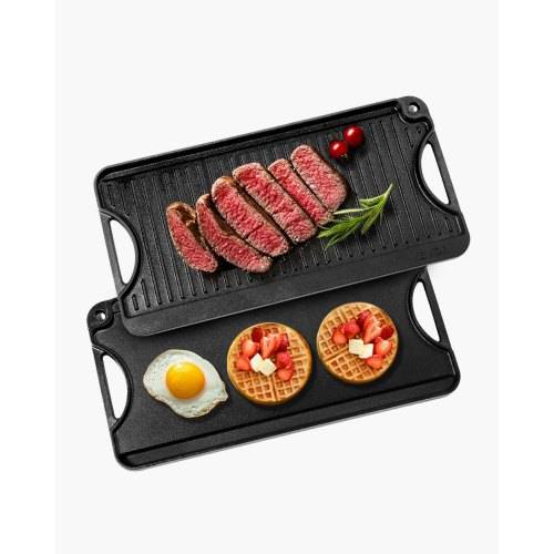 VEVOR wendbarer Grillplatte Bratpfanne Griddle aus Gusseisen (492 x 218 mm), tragbare rechteckige Pfanne mit Griff, Familienkochgeschirr für
