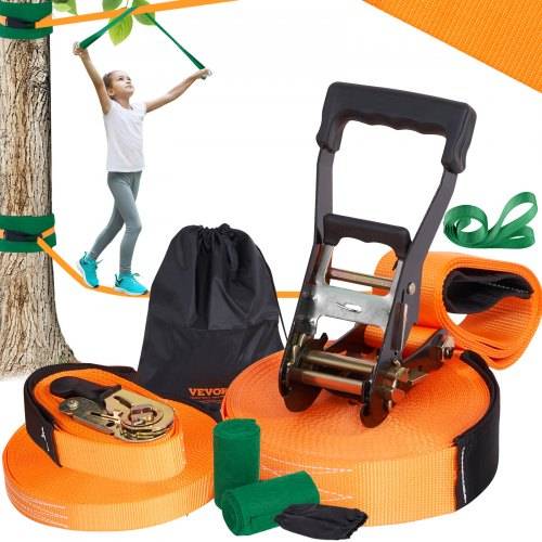 VEVOR Slackline Hindernisse Set 2 x 18,3 m Slacklines 2 x 1,5 m Baumschutz, 226,8 kg Tragkraft Ninja Hinderniskurs, Outdoor-Spielset-Ausrüstung