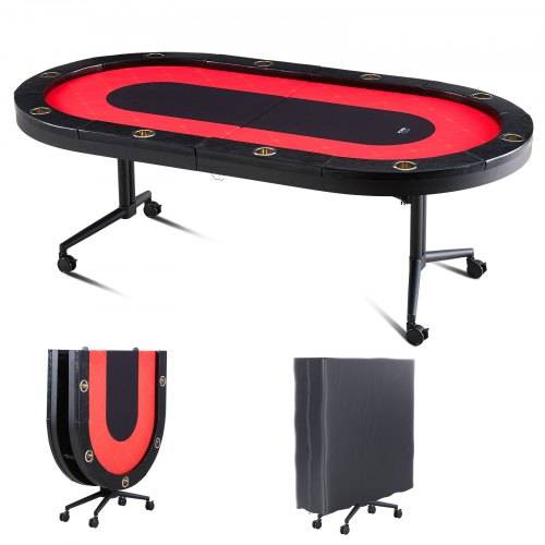 VEVOR Casino Pokertisch Klappbare Tischbeine 2290 x 1220 x 800 mm (L x B x H), Faltbarer Pokertisch, Schwarz & Rot Pokerauflage Klapptisch für 10