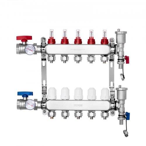 VEVOR 5-Zweig-Wärmeverteilungsverteiler, 1/2-Zoll-PEX-Rohrverteiler, Edelstahl-PEX-Verteiler für hydronische Fu_bodenheizung, Wärmeverteilungs-PEX-