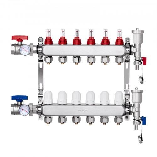 VEVOR 6-Zweig-Wärmeverteilungsverteiler, 1/2-Zoll-PEX-Rohrverteiler, Edelstahl-PEX-Verteiler für hydronische Fu_bodenheizung, Wärmeverteilungs-PEX-