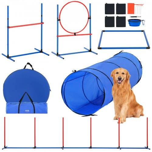 VEVOR Hunde-Agility-Trainingsausrüstung, 5-teiliges Set mit verstellbaren hohen Hürden, 6 Slalomstangen, Tunnel, Sprungring, Pausenbox, Pfeife, falt