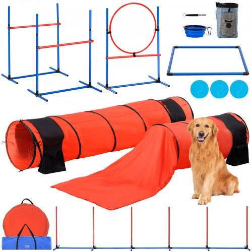 VEVOR Agility-Trainingsausrüstung für Hunde, 7-teiliges Upgrade-Set mit verstellbaren hohen Hürden, 6 Slalomstangen, 2 Tunneln, Sprungring, Pausenb