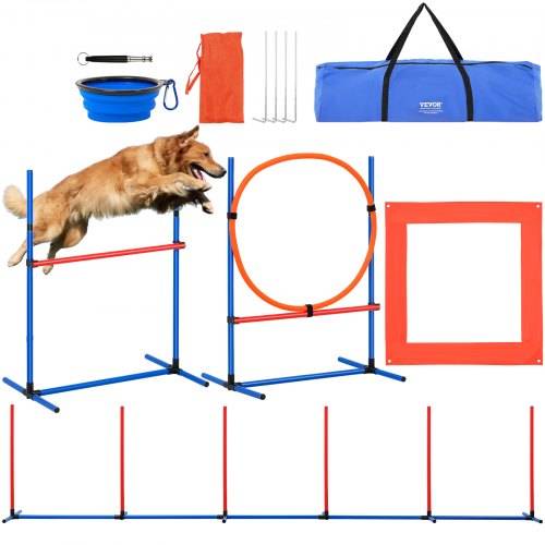 VEVOR Hunde-Agility-Trainingsausrüstung, 4-teiliges Set mit verstellbaren hohen Hürden, 6 Slalomstangen, Sprungring, quadratischer Pausenbox, Pfeife