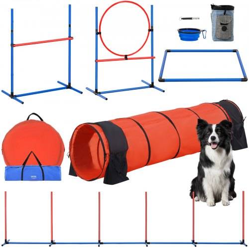 VEVOR Hunde-Agility-Trainingsausrüstung, 5-teiliges Upgrade-Set mit verstellbaren hohen Hürden, 6 Slalomstangen, verlängertem Tunnel, Sprungring,