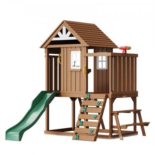 VEVOR Holzspielhaus Kinderspielhaus, Gartenhaus für Kinder ab 2 Jahren, Gartenspiele-Hütte, Spielhaus aus Zedernholz im Landhausstil mit Rutsche, Le