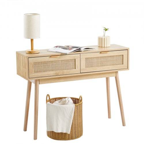 VEVOR Rattan-Konsolentisch mit 2 Schubladen, Rattan-Eingangstisch mit natürlicher Rattan-Schiebetür, Konsolen-Sofatisch für Wohnzimmer, Arbeitszimm