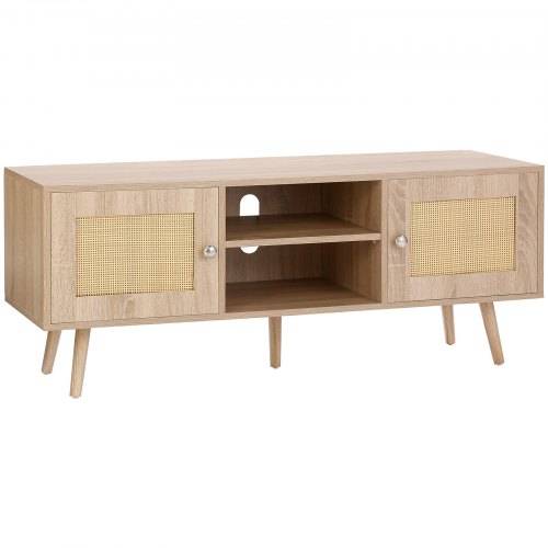 VEVOR Rattan-TV-Ständer, Fernsehschrank Boho-TV-Schrank für 140 cm Fernseher, Retro-TV-Ständer, Rattan-TV-Konsole mit verstellbaren Regalen & 2 Tü