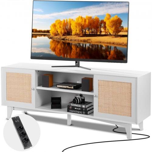 VEVOR Rattan-TV-Ständer 191cm Fernseher Boho-TV-Schrank Wei_ Fernsehschrank