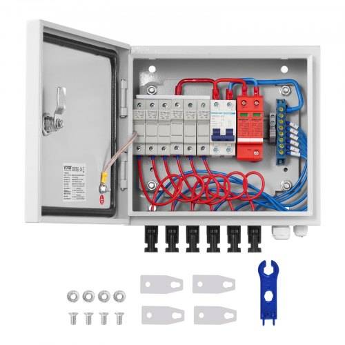 VEVOR PV-Combiner-Box, 6-String, Solar-Combiner-Box mit 15 A Nennstromsicherung, 125 A Leistungsschalter, Blitzableiter und Solaranschluss