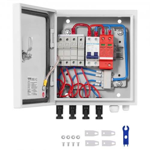 VEVOR PV-Combiner-Box, 4-String, Solar-Combiner-Box mit 15 A Nennstromsicherung, 63 A Leistungsschalter, Blitzableiter und Solaranschluss