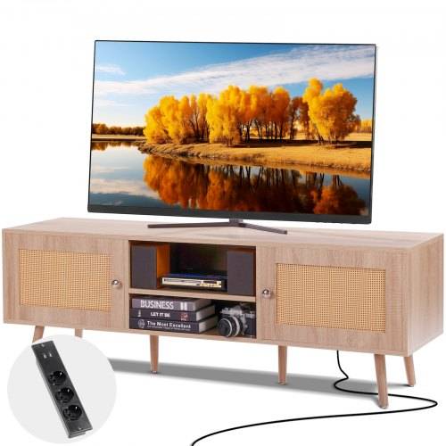 VEVOR Rattan-TV-Ständer, Retro-TV-Schrank für 165 cm Fernseher, Boho-Rattan-Fernsehschrank mit eingebauter Steckdose & USB-Anschlüssen, verstellbar