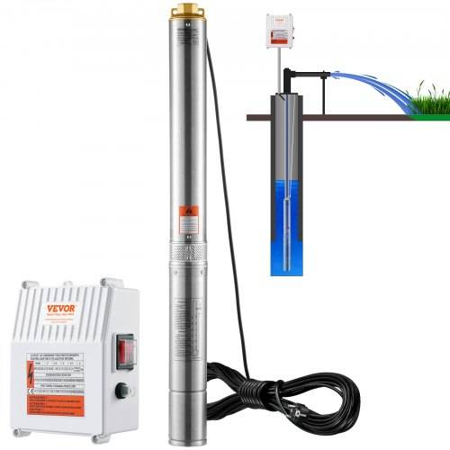 VEVOR Tiefbrunnen-Tauchpumpe, 1500 W, 230 V, 60 Hz, 9,8 m³/h, 108 m Förderhöhe, mit 19,4 m Kabel und externer Steuerbox, Edelstahl-Wasserpumpen fü