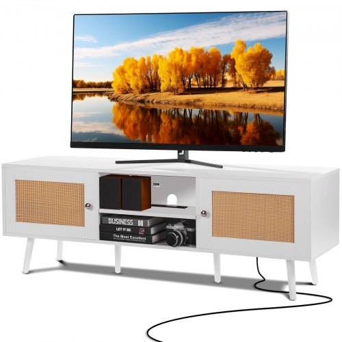 VEVOR Rattan-TV-Ständer für 165 cm Fernseher, Boho-TV-Ständer mit Rattantür, Fernsehschrank mit eingebauter Steckdose und USB-Anschlüssen, modern
