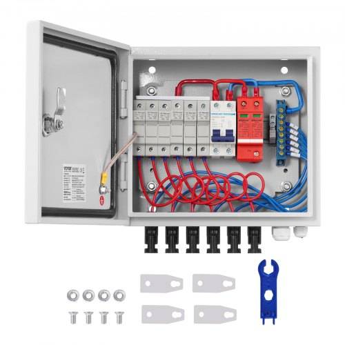 VEVOR PV-Combiner-Box, 6-String, Solar-Combiner-Box mit 10 A Nennstromsicherung, 63 A Leistungsschalter, Blitzableiter und Solaranschluss